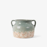 Pale Blue and Terracotta wide Ceramic pot with two handles on a white background
