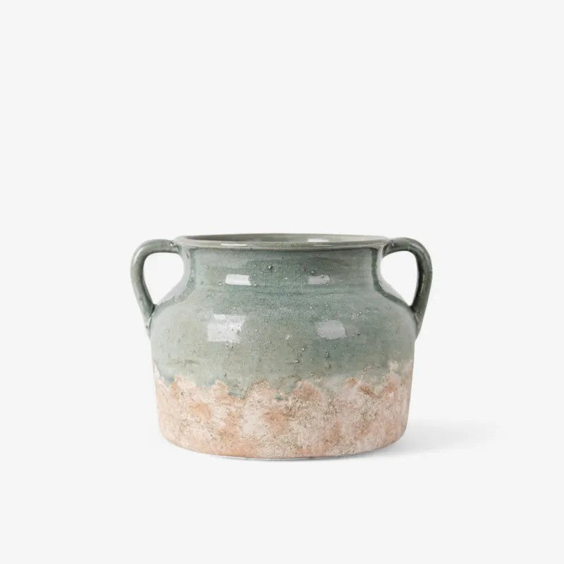 Pale Blue and Terracotta wide Ceramic pot with two handles on a white background