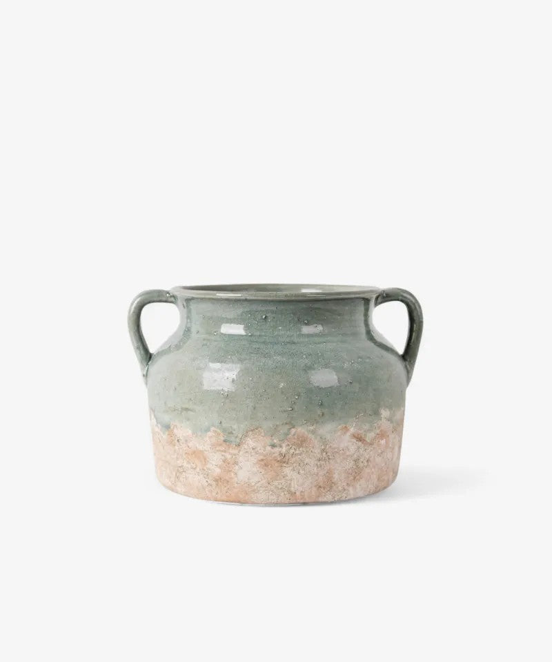 Pale Blue and Terracotta wide Ceramic pot with two handles on a white background