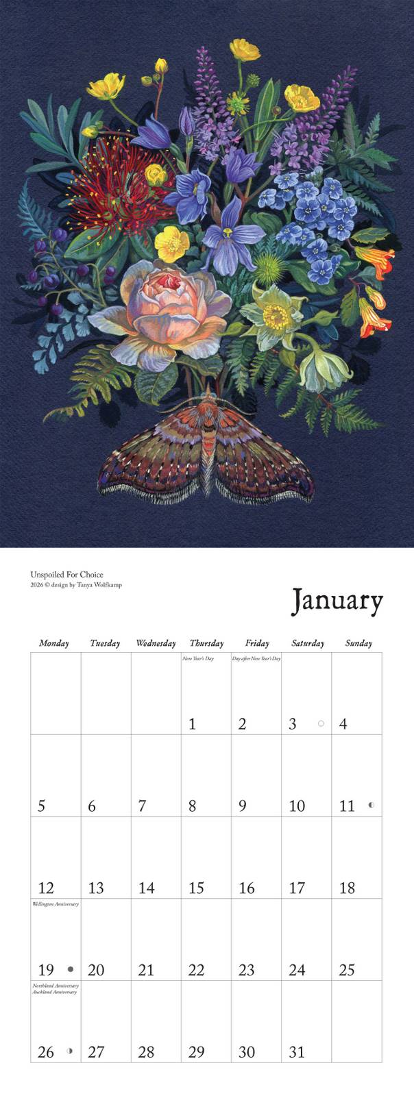 2026 Wolfkamp Calendar titled "surrounded" featuring New Zealand native flora and fauna