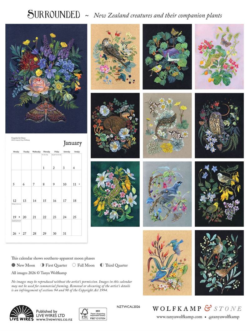 2026 Wolfkamp Calendar titled "surrounded" featuring New Zealand native flora and fauna