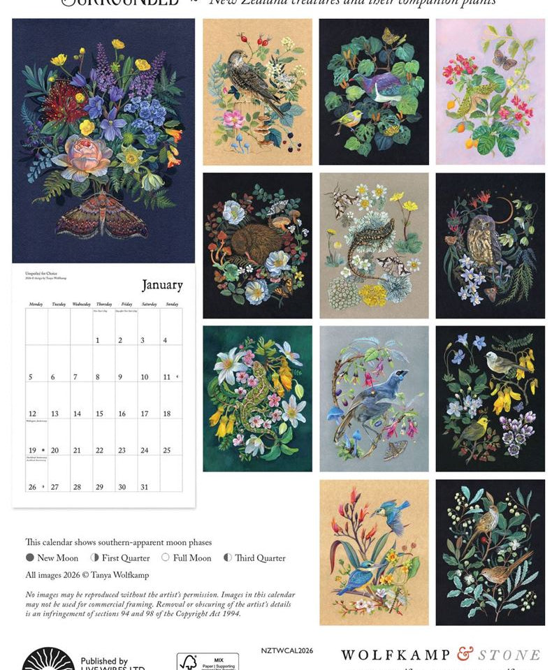 2026 Wolfkamp Calendar titled "surrounded" featuring New Zealand native flora and fauna