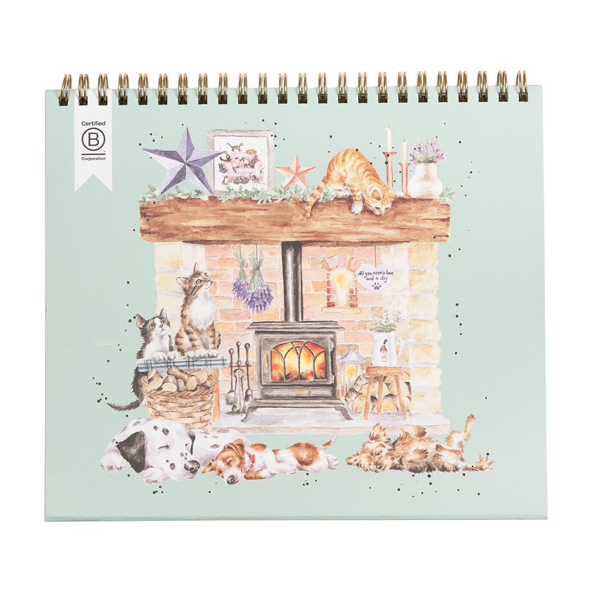 Back of Calendar with illustration of cats around a fireplace on a light blue background