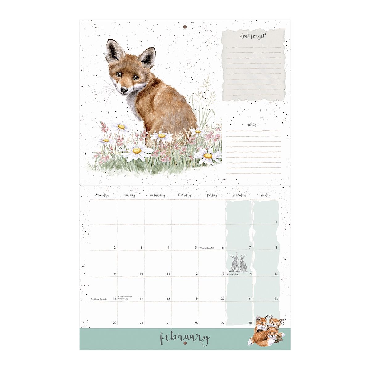 Calendar inside view with a fox illustration on a white background