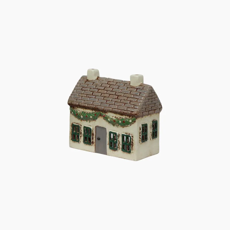 Small cream tealigh house with frontswag in green holly