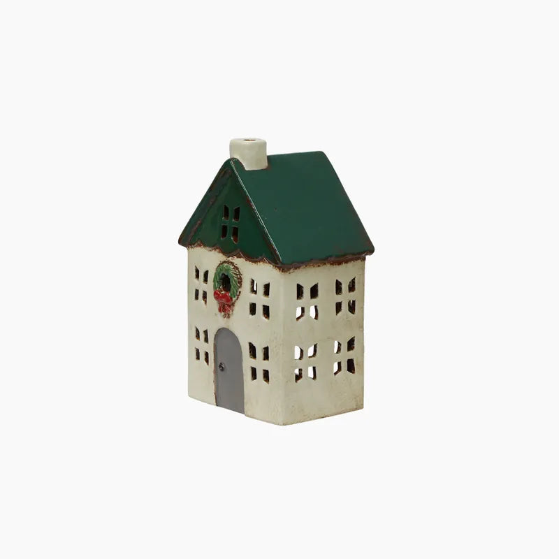 White Tealight house with green roof and wreath on front