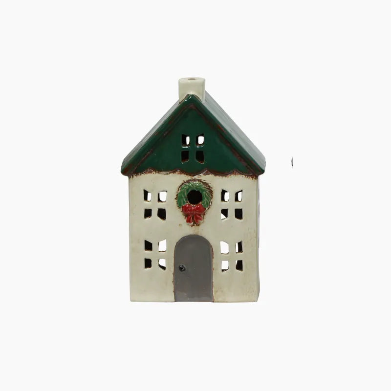 White Tealight house with green roof and wreath on front