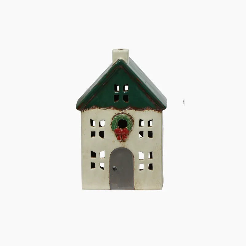 White Tealight house with green roof and wreath on front