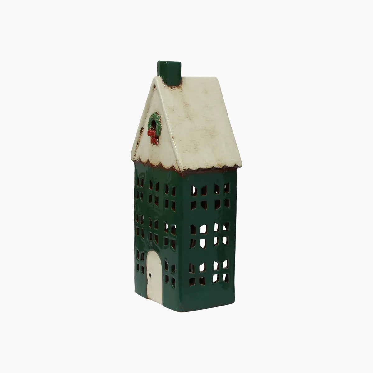 Tealight house painted green with a cream roof and a wreath featured on the front.
