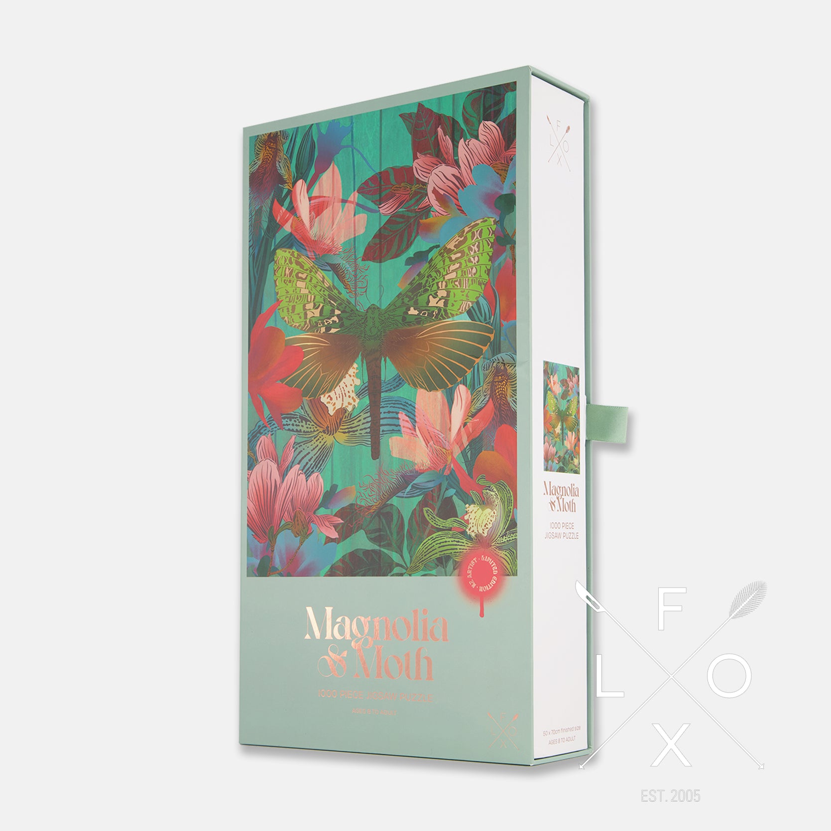 Flox's new limited edition Magnolia & Moth 1000 Piece puzzle featuring her trademark art.  Comes with a canvas bag for easy storage of pieces.  Dimensions: 500mm x 700mm