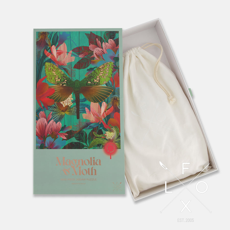Flox's new limited edition Magnolia & Moth 1000 Piece puzzle featuring her trademark art.  Comes with a canvas bag for easy storage of pieces.  Dimensions: 500mm x 700mm