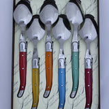 Laguiole Desert Sppons by Jean Nerson in a gift boxed set of 6 at Cerise.  Stainless Steel with coloured resin handles and dishwasher safe.