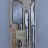 Laguiole three piece stainless steel cheese set including a cheese knife, cheese hatchett and butter knife.  Presented in a wooden gift box at Cerise NZ