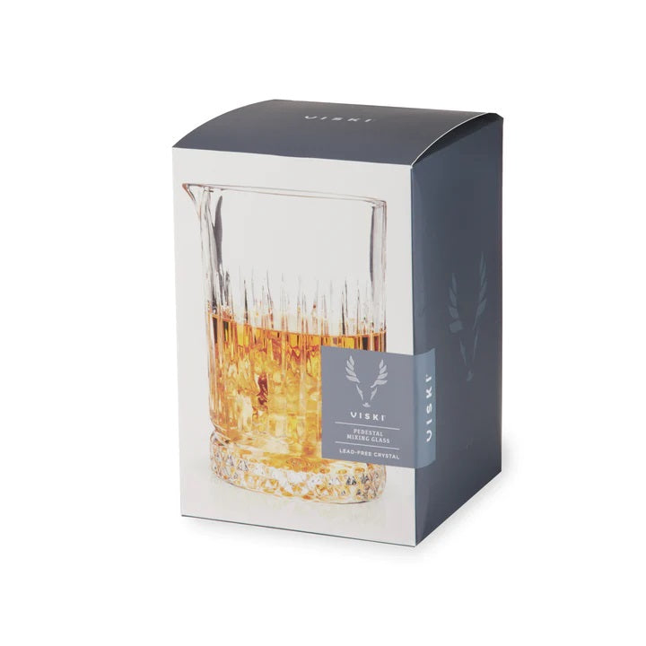 Professional grade 17 oz lead free crystal mixing glass with a thickset base and accurate pour spout holds approximately three drinks. Features chiseled geometric sides. Gift boxed. Handwash.