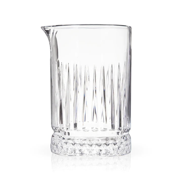 Professional grade 17 oz lead free crystal mixing glass with a thickset base and accurate pour spout holds approximately three drinks. Features chiseled geometric sides. Gift boxed. Handwash.