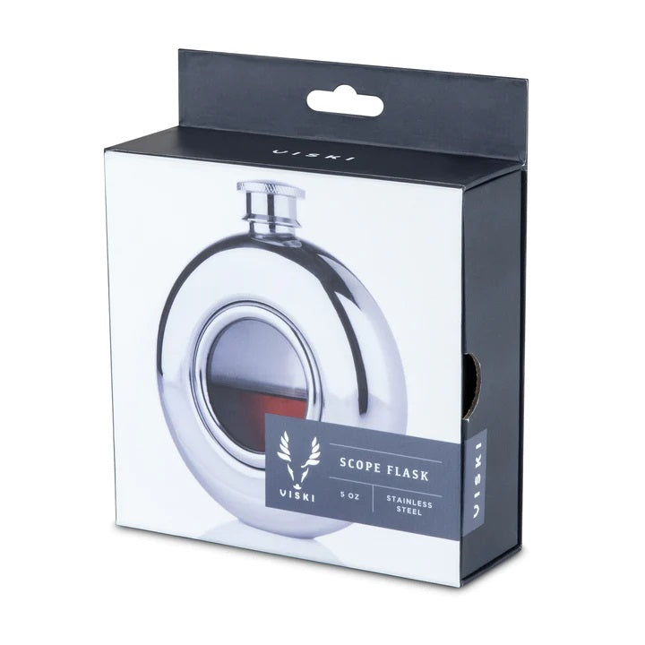 The Viski Scope Hip Flask features a glass porthole window allowing you to keep an eye on your liquor level so you will always know when you need to refill. Made from stainless steel and holds 5 oz. Stainless Steel.