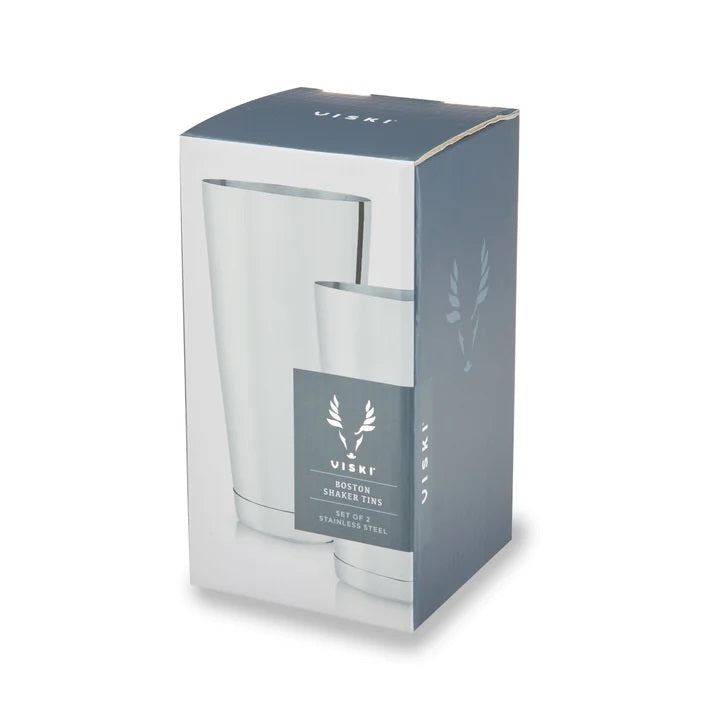 The Viski Shaker tins are precisely weighted so you can be assured of perfect balance. The stainless steel tins are tight fitting and contoured for quick closure and smooth separation. Set includes 2 tins with a capacity of 24 oz and 18 oz  Dishwasher Safe