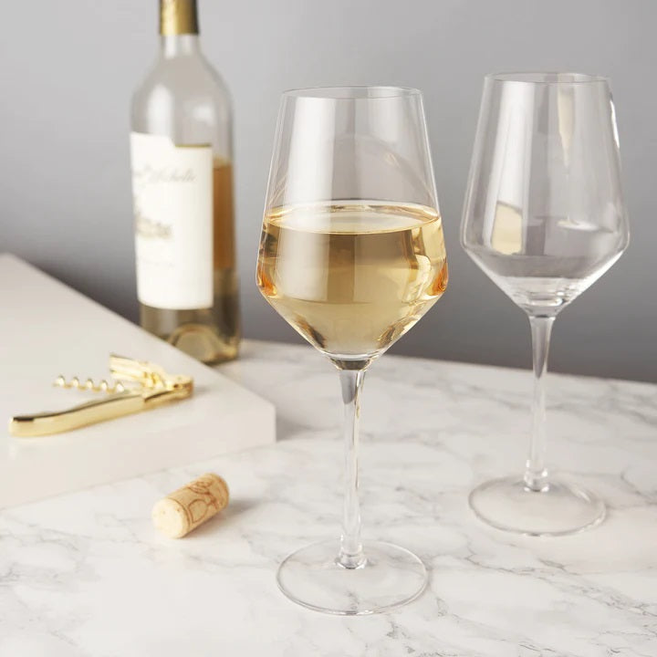 Stunning lead-free Crystal Glasses with tall stems and sleek angles. Ideal white wine glass. Purre elegant drinkware in a boxed set of 2 with 13 oz capacity. 230mm H  Hand wash recommended. Dishwasher safe (top rack only)