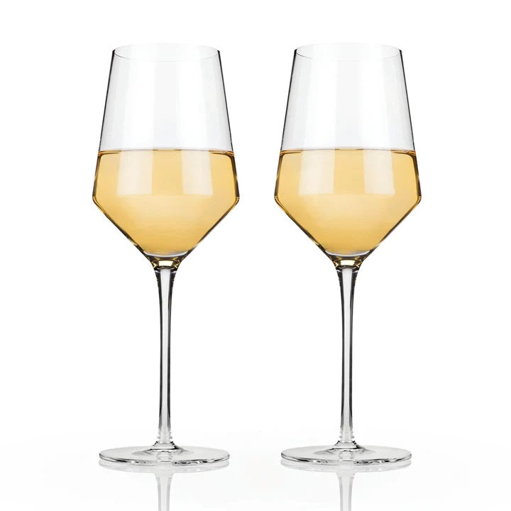 Stunning lead-free Crystal Glasses with tall stems and sleek angles. Ideal white wine glass. Purre elegant drinkware in a boxed set of 2 with 13 oz capacity. 230mm H  Hand wash recommended. Dishwasher safe (top rack only)