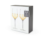 Stunning lead-free Crystal Glasses with tall stems and sleek angles. Ideal white wine glass. Purre elegant drinkware in a boxed set of 2 with 13 oz capacity. 230mm H  Hand wash recommended. Dishwasher safe (top rack only)