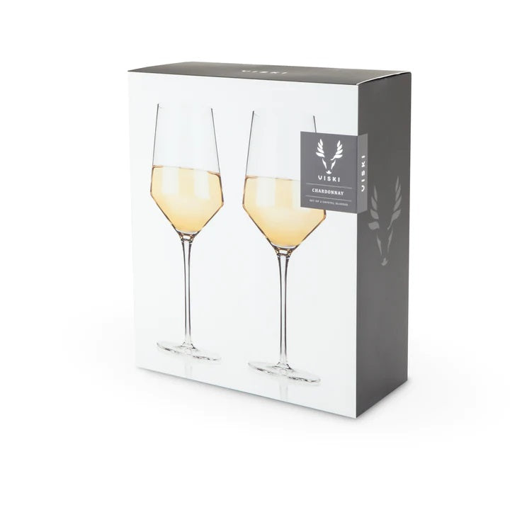 Stunning lead-free Crystal Glasses with tall stems and sleek angles. Ideal white wine glass. Purre elegant drinkware in a boxed set of 2 with 13 oz capacity. 230mm H  Hand wash recommended. Dishwasher safe (top rack only)