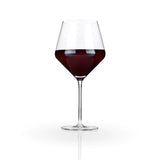 Stunning lead-free Crystal Glasses with tall stems and sleek angles. Enjoy your vintage with this pair of beautifully crafted red wine glasses equally suited for white wines.. Pure elegant drinkware in a boxed set of 2 with 21 oz capacity. 230mm H  Hand wash recommended. Dishwasher safe (top rack only)