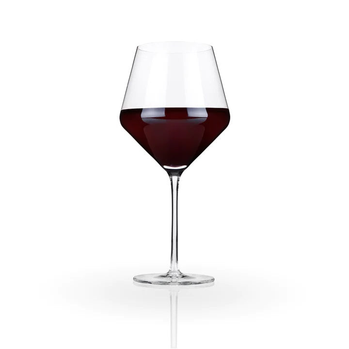 Stunning lead-free Crystal Glasses with tall stems and sleek angles. Enjoy your vintage with this pair of beautifully crafted red wine glasses equally suited for white wines.. Pure elegant drinkware in a boxed set of 2 with 21 oz capacity. 230mm H  Hand wash recommended. Dishwasher safe (top rack only)