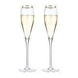 This stunning set of crystal gold rimmed champagne flutes is sure to more than raise a toast. Perfect gift for the Bride & Groom or to celebrate a Golden Wedding Anniversary. Boxed set of two, 8oz champagne flutes. Lead free crystal with gold coloured plating.  Hand wash only.  270mm H