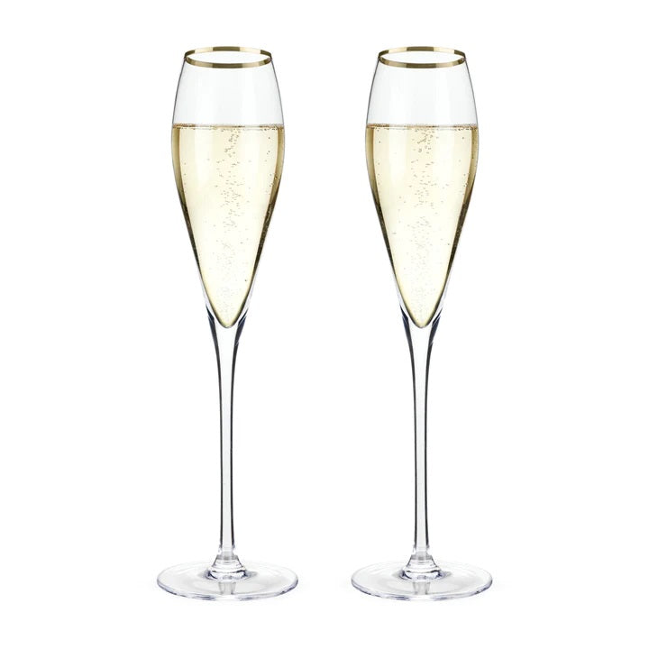 This stunning set of crystal gold rimmed champagne flutes is sure to more than raise a toast. Perfect gift for the Bride & Groom or to celebrate a Golden Wedding Anniversary. Boxed set of two, 8oz champagne flutes. Lead free crystal with gold coloured plating.  Hand wash only.  270mm H