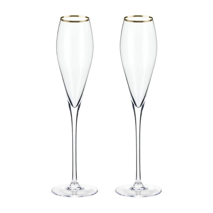This stunning set of crystal gold rimmed champagne flutes is sure to more than raise a toast. Perfect gift for the Bride & Groom or to celebrate a Golden Wedding Anniversary. Boxed set of two, 8oz champagne flutes. Lead free crystal with gold coloured plating.  Hand wash only.  270mm H