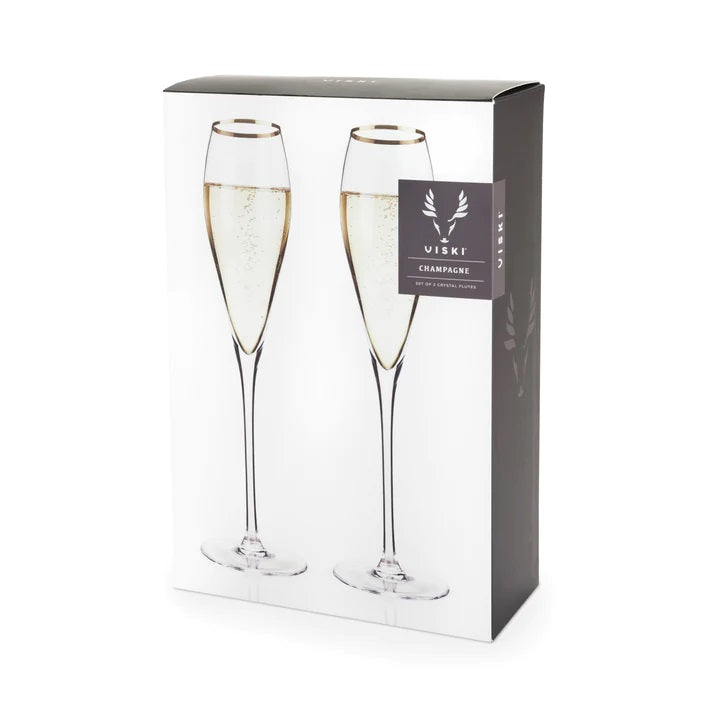 This stunning set of crystal gold rimmed champagne flutes is sure to more than raise a toast. Perfect gift for the Bride & Groom or to celebrate a Golden Wedding Anniversary. Boxed set of two, 8oz champagne flutes. Lead free crystal with gold coloured plating.  Hand wash only.  270mm H