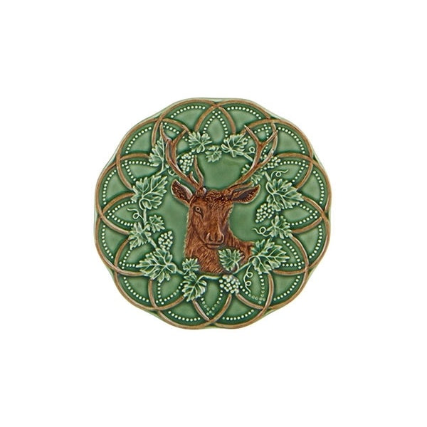 A beautiful little plate from the Bosque, Woods Hunting collection featuring a deer head encircled by vine leaves. Made in Portugal. 152 Diameter x 10D  Composition: Stoneware, fully glazed.  Dishwasher and Microwave Safe however hand wash reccomended.