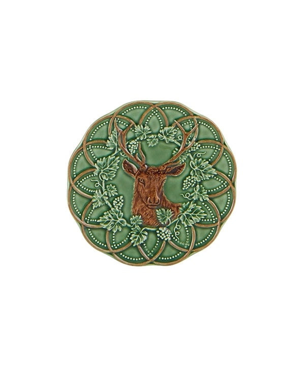 A beautiful little plate from the Bosque, Woods Hunting collection featuring a deer head encircled by vine leaves. Made in Portugal. 152 Diameter x 10D  Composition: Stoneware, fully glazed.  Dishwasher and Microwave Safe however hand wash reccomended.