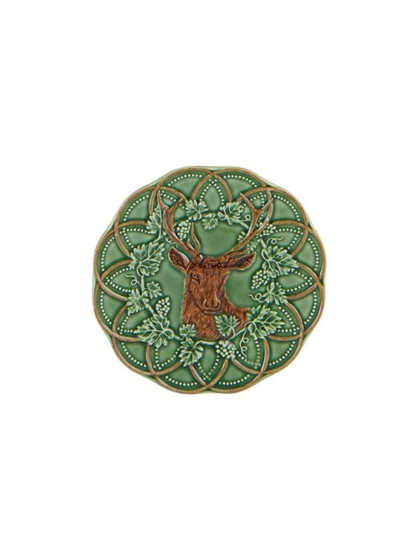 A beautiful little plate from the Bosque, Woods Hunting collection featuring a deer head encircled by vine leaves. Made in Portugal. 152 Diameter x 10D  Composition: Stoneware, fully glazed.  Dishwasher and Microwave Safe however hand wash reccomended.
