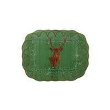 A stunning rectangular serving tray from the Bordello Pinheiro collection featuring a Deer head with an intricate border of vine leaf. Truly a collectors item that will beome a family heirloom. Made in Portugal.  370W x 480L x 36H  Composition: Stoneware, fully glazed  Dishwasher and Microwave Safe however hand wash reccomended.