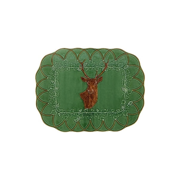 A stunning rectangular serving tray from the Bordello Pinheiro collection featuring a Deer head with an intricate border of vine leaf. Truly a collectors item that will beome a family heirloom. Made in Portugal.  370W x 480L x 36H  Composition: Stoneware, fully glazed  Dishwasher and Microwave Safe however hand wash reccomended.