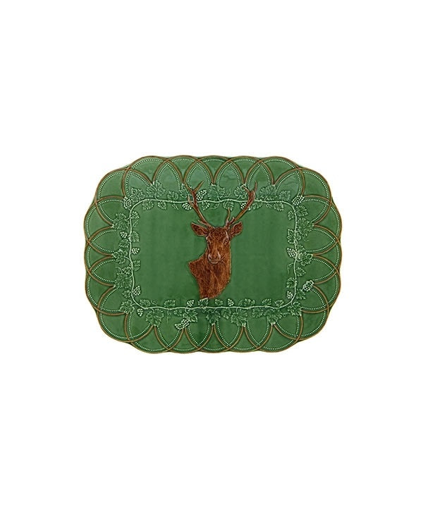 A stunning rectangular serving tray from the Bordello Pinheiro collection featuring a Deer head with an intricate border of vine leaf. Truly a collectors item that will beome a family heirloom. Made in Portugal.  370W x 480L x 36H  Composition: Stoneware, fully glazed  Dishwasher and Microwave Safe however hand wash reccomended.