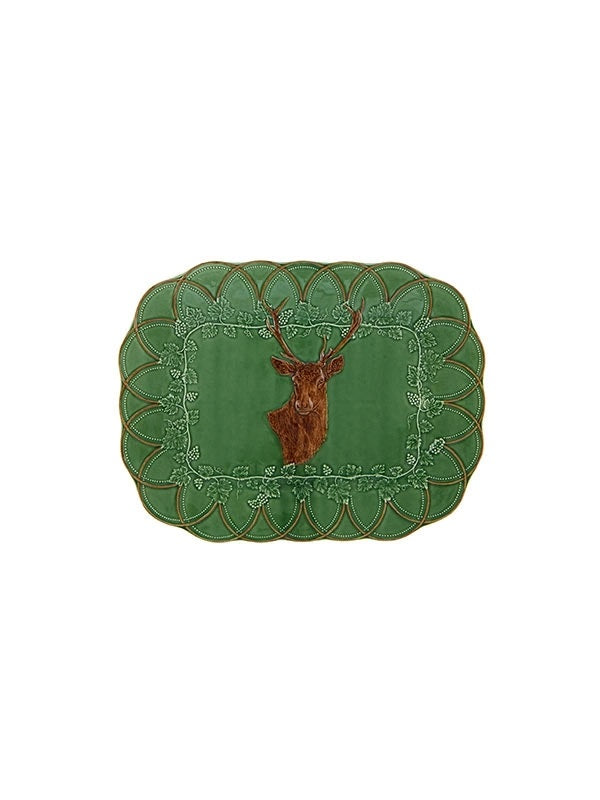 A stunning rectangular serving tray from the Bordello Pinheiro collection featuring a Deer head with an intricate border of vine leaf. Truly a collectors item that will beome a family heirloom. Made in Portugal.  370W x 480L x 36H  Composition: Stoneware, fully glazed  Dishwasher and Microwave Safe however hand wash reccomended.