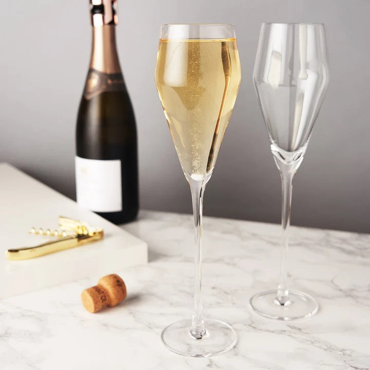 Stunning lead-free Crystal Glasses with tall stems and sleek angles. A narrow, tapered, modern design to preserve carbonation and complement the taste of prosecco.  Boxed set of two 8 oz lead-free crystal glasses.  270mm H