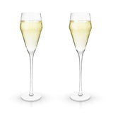 Stunning lead-free Crystal Glasses with tall stems and sleek angles. A narrow, tapered, modern design to preserve carbonation and complement the taste of prosecco.  Boxed set of two 8 oz lead-free crystal glasses.  270mm H