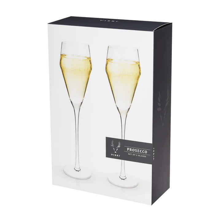 Stunning lead-free Crystal Glasses with tall stems and sleek angles. A narrow, tapered, modern design to preserve carbonation and complement the taste of prosecco.  Boxed set of two 8 oz lead-free crystal glasses.  270mm H