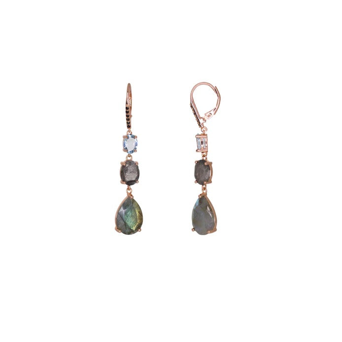 Stunning Simply Italian Rose Gold drop earrings featuring Labrodite, Blue Topaz and Quartz. 18ct rose gold plating over a sterling silver base. Stud back. Made in Italy. Labrodite, Blue Topaz, Quartz, Sterling Silver, 18ct Rose Gold Plating.