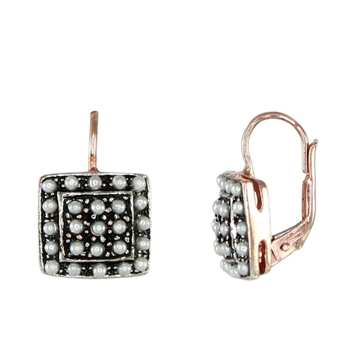 Classy fresh water pearl earrings in a square design with a lever back. Sterling Silver base with 18ct Rose Gold Plating. Made in Italy. 12mm x 12mm  Fresh Water Pearl, Sterling Silver, 18ct Rose Gold Plating.