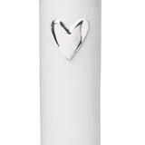 White porcelain vase by Radar with a relief heart finished with in silver.  Size: 40mm diameter x 170mm high