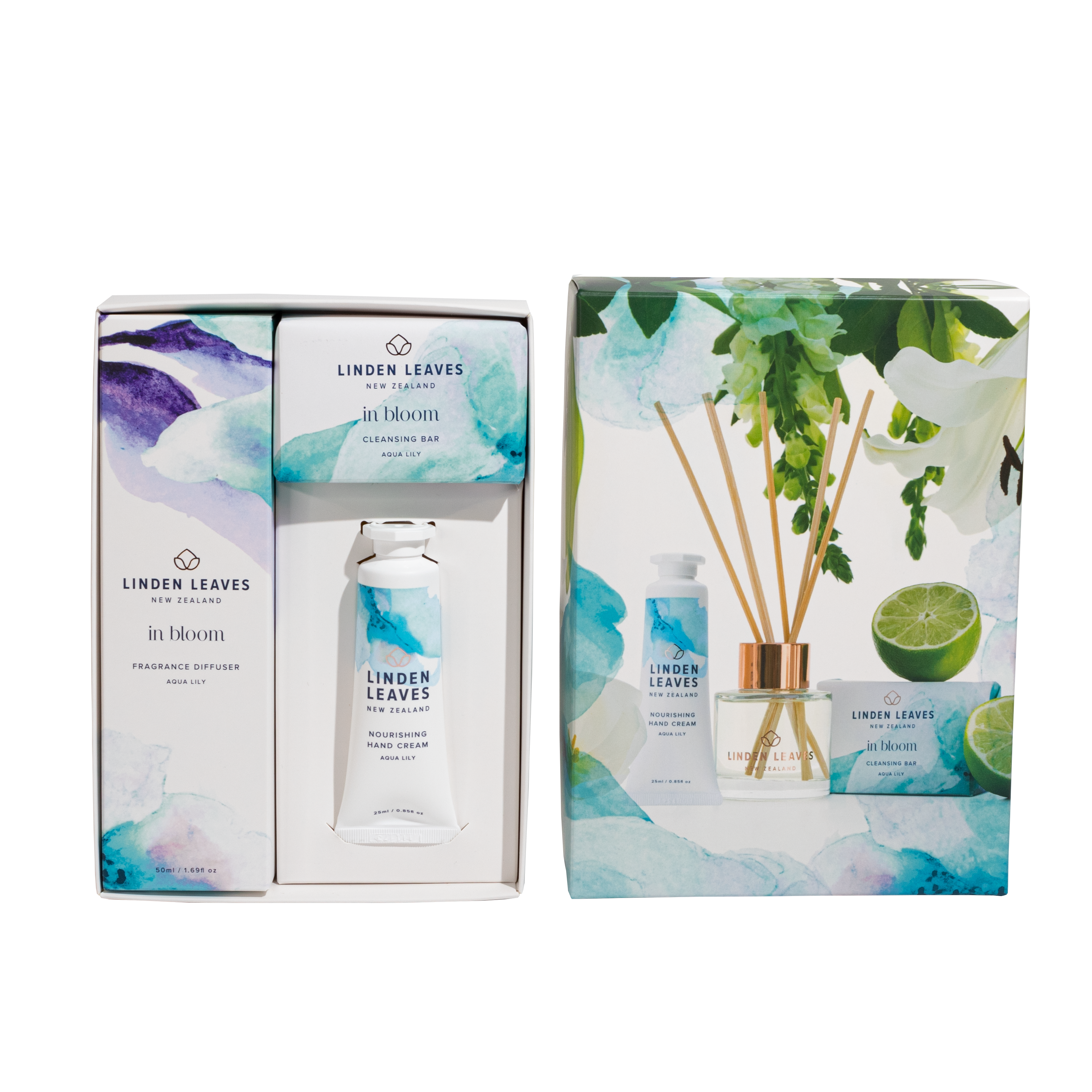 Nourish your body and soul with this pretty gift set. from Linden Leaves.  The beautifully gift boxed set is available in either Pink Petal or Aqua LIlily fragrance.  Set includes  Cleansing Bar 100g Midi Fragrance Diffuser 50ml Mini Hand Cream 25ml  Made in New Zealand