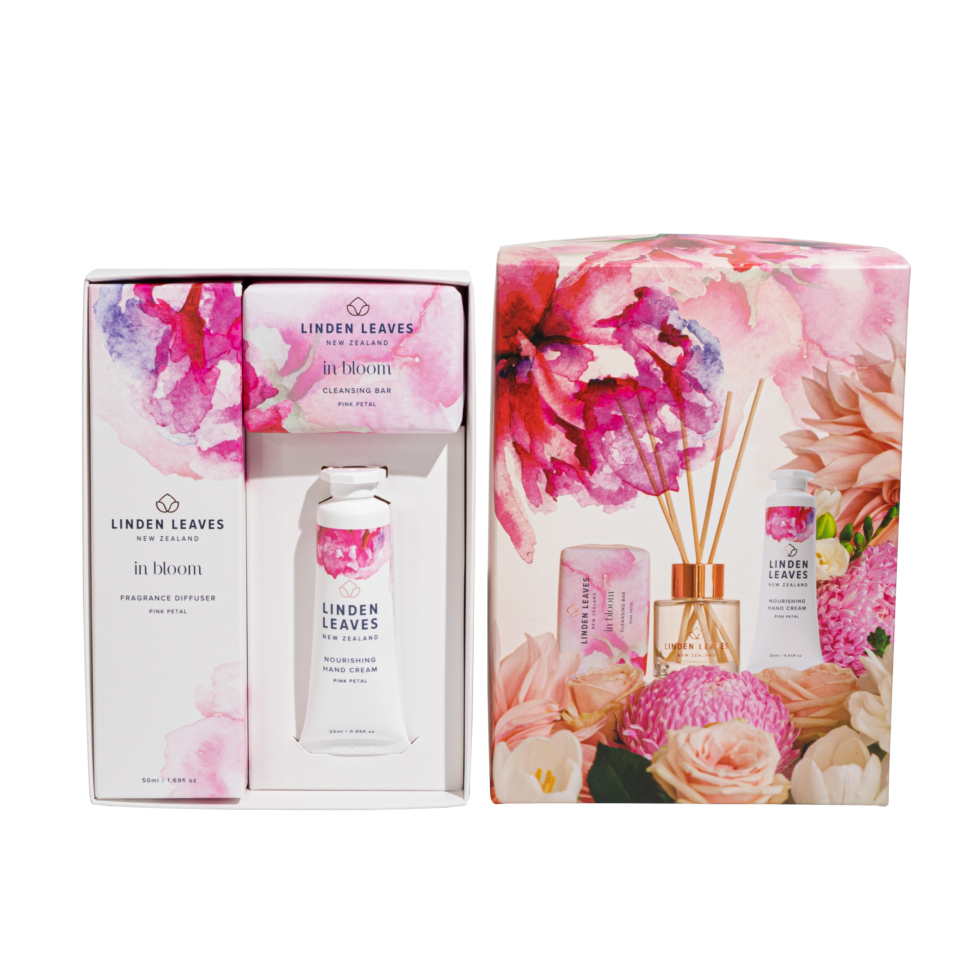 Nourish your body and soul with this pretty gift set. from Linden Leaves.  The beautifully gift boxed set is available in either Pink Petal or Aqua LIlily fragrance.  Set includes  Cleansing Bar 100g Midi Fragrance Diffuser 50ml Mini Hand Cream 25ml  Made in New Zealand