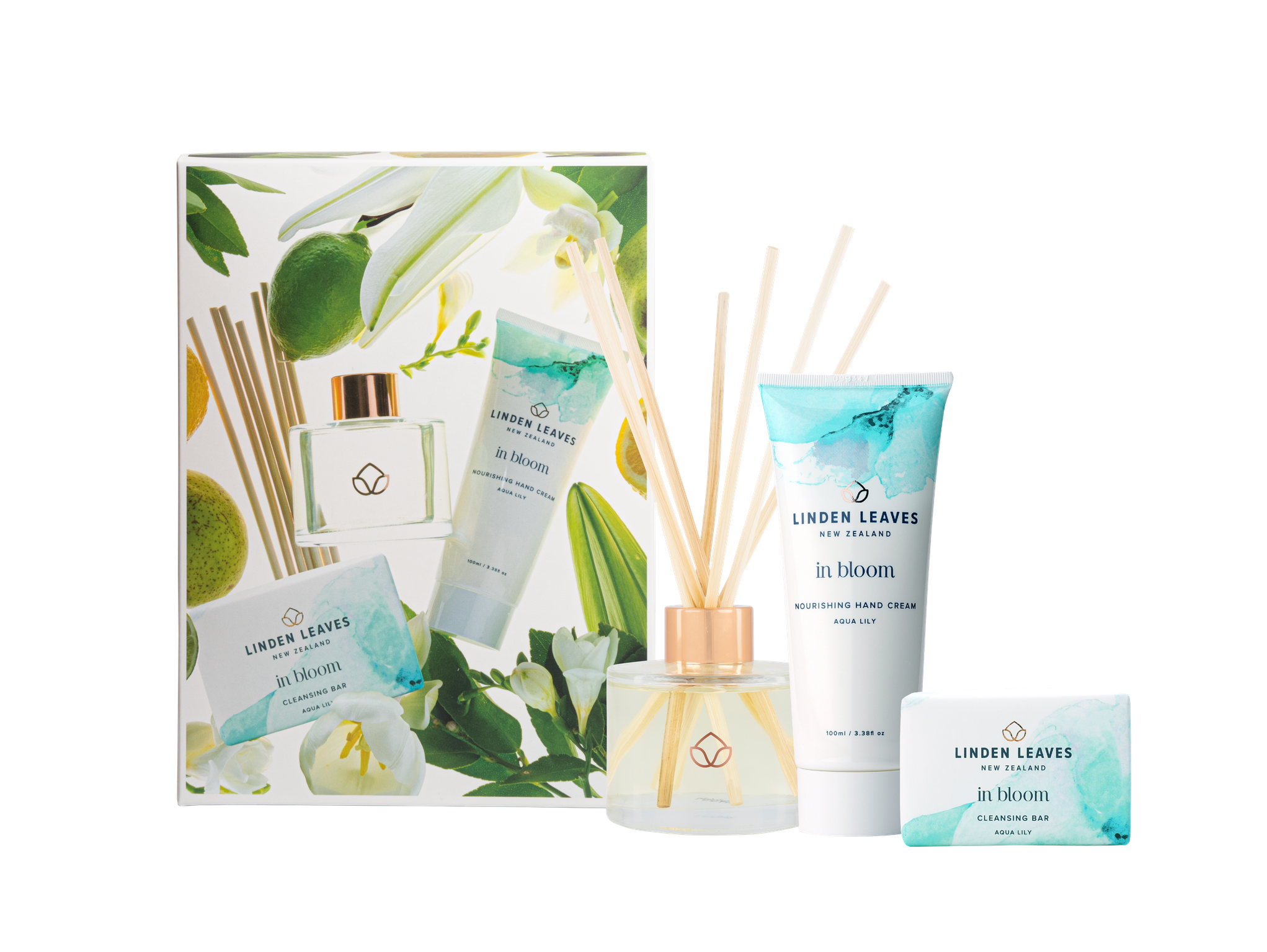 Freshen up your hands and home with this gorgeous gift set from Linden leaves.  Available in three fragrances of Aqua Lily, Pink Petal and Amber Fig.  Beautifully Packaged and ready to gift. Set includes  Cleansing Bar 100g Fragrance Diffuser 100ml Hand Cream 100ml  Made in New Zealand