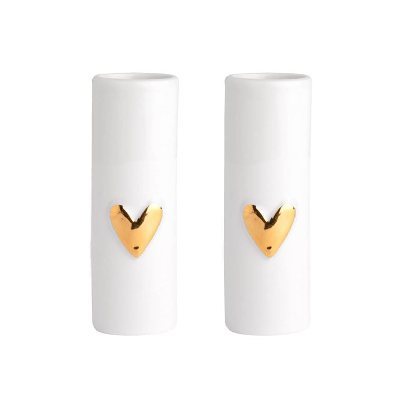 Set of 2 Silver Heart Mini Vases.  Pure and elegant in white porcelain with a silver heart.  These vases are nternally glazed making them suitable for fresh flower blooms.  35mm Diameter x 90mm High  Gift Boxed